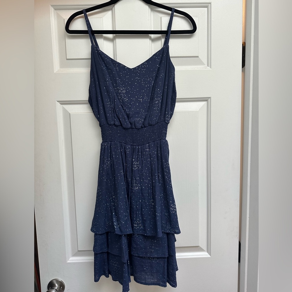 Shimmery navy dress with elastic waist
